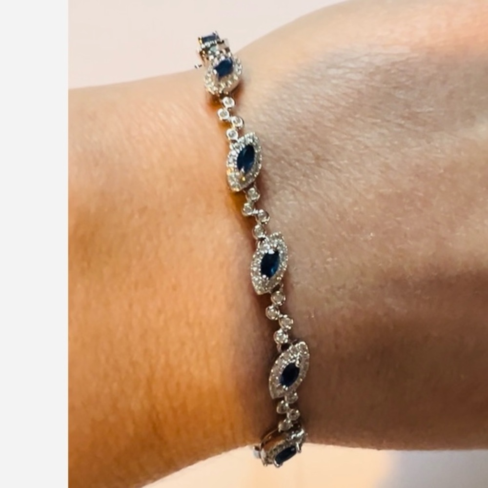 BS3 0.9CT RARE Horse eye cut Natural Royal Blue Sapphire Bracelet Rhodium S925
